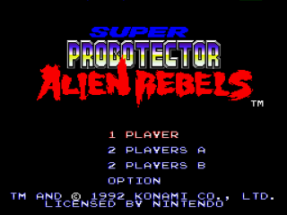 Super Probotector: Alien Rebels title screen for Super Nintendo